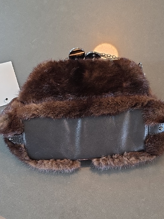 Brown Mink and Snake-Texture Evening Bag with Rhinestone Buckle & Kiss Closure - Picture 2 of 16